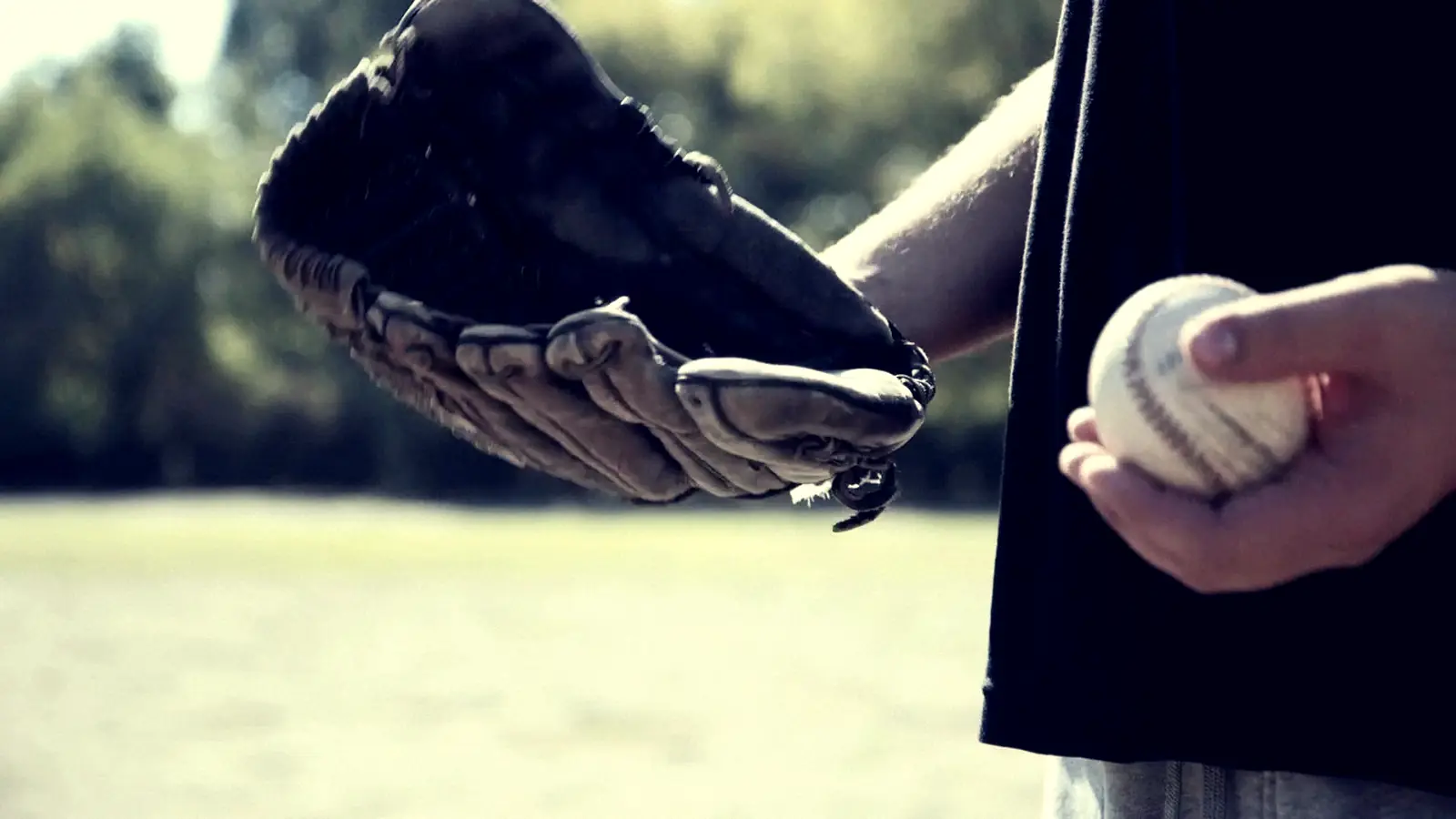 Baseball glove and ball on a sunny field