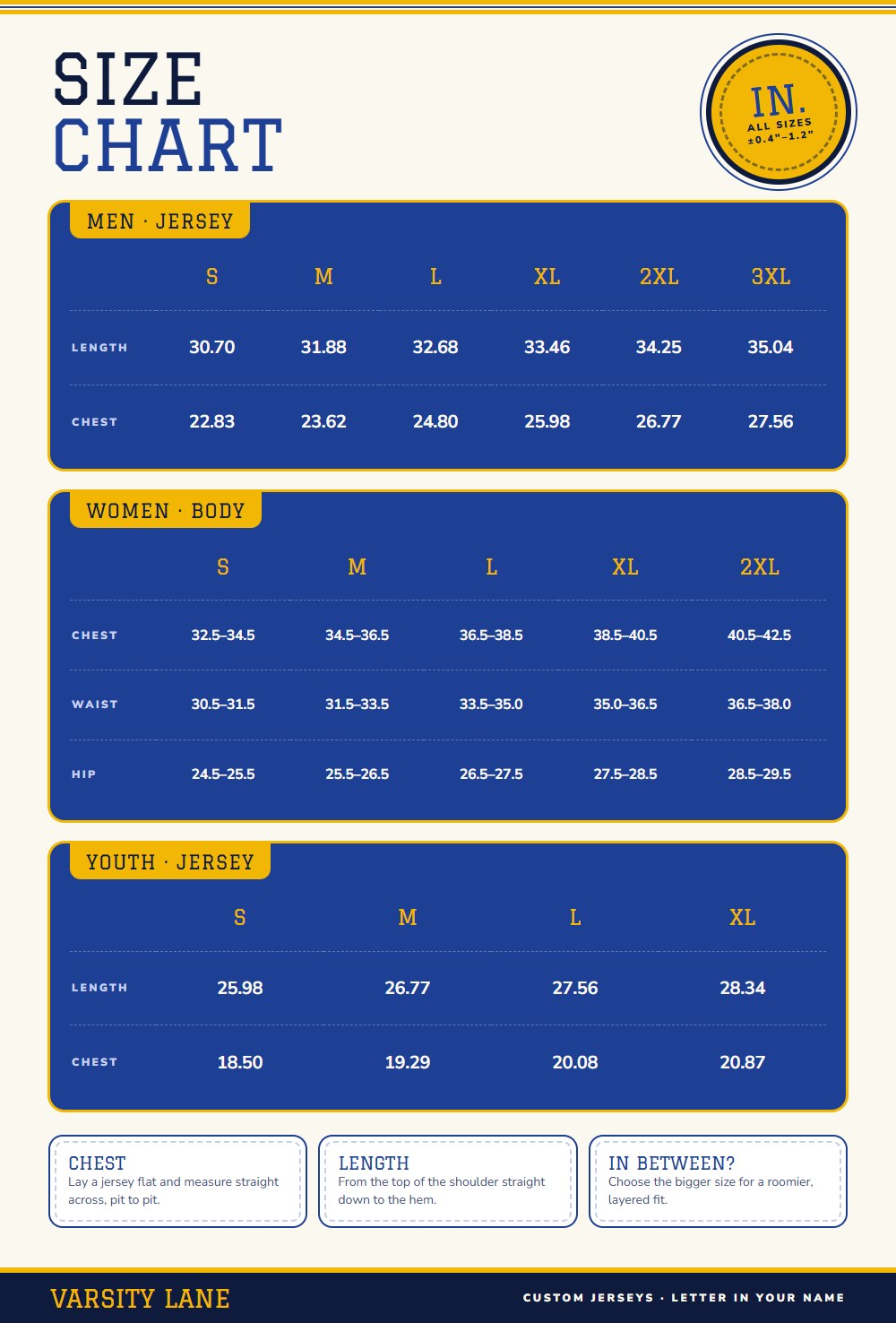 Jersey size chart